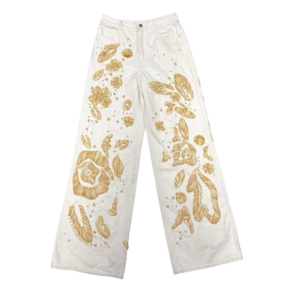 Cult Gaia Jarli White Raffia Appliqué High Rise Wide Leg Jeans XS - Picture 7 of 16